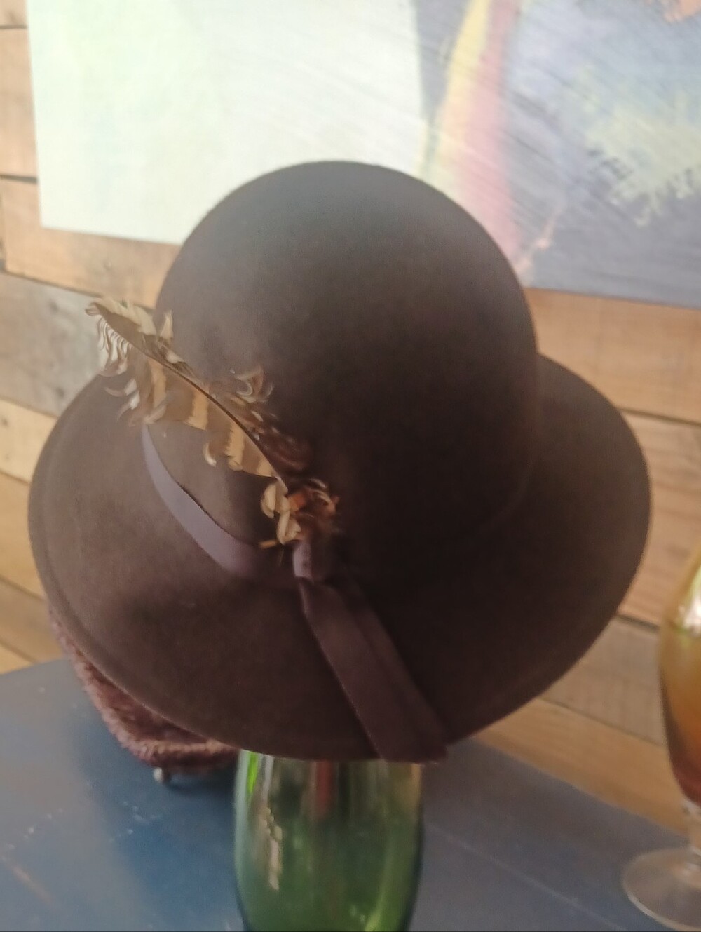Vintage Classic Women's Wool Felt Cloche Hat with Feather Trim - Brown